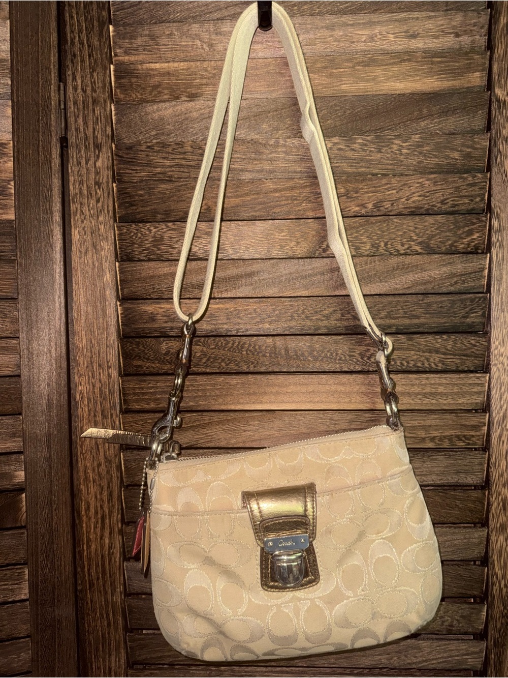 Coach Signature Jacquard Convertible Crossbody Shoulder Bag Champagne Bronze
